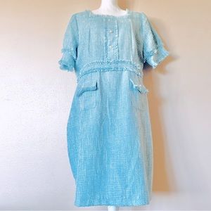 Ivy City Co Blue & White Tweed Pearl Short Sleeve Dress.